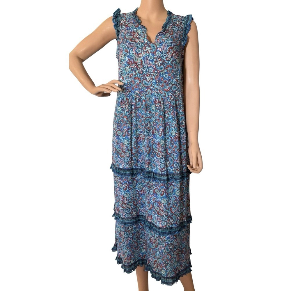 J. Jill Midi Dress Womens S Blue Paisley Coastal Ruffles Tiered V-Neck Rayon